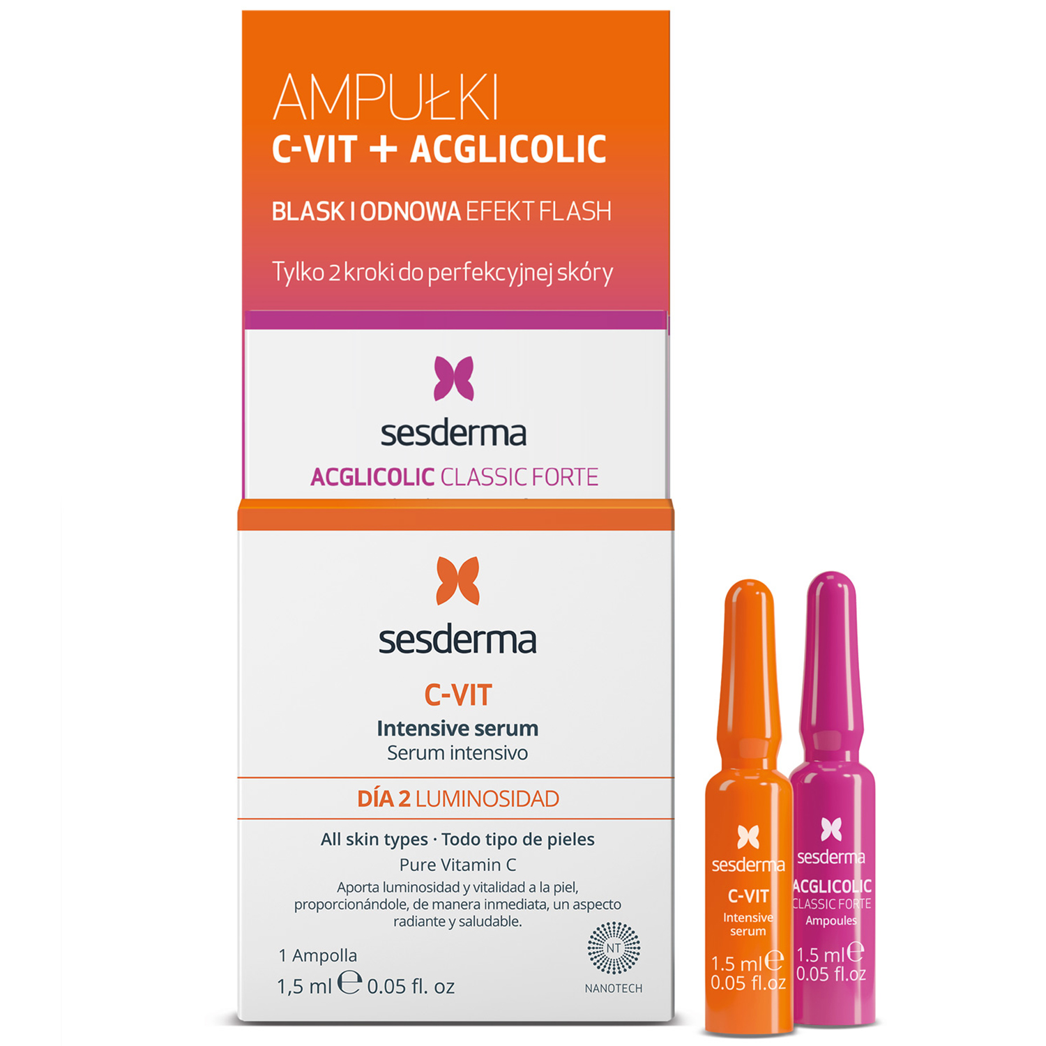 Nieznana Sesderma Efekt Flash, Acglicolic Classic Forte + C-Vit Intensive Serum, 2 x 1,5 ml