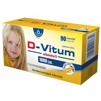 D-Vitum 1000 j.m., witamina D dla dzieci powyżej 3 lat, 90 kapsułek twist-off USZKODZONE OPAKOWANIE - zdjęcie produktu