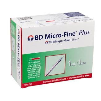 BD Micro-Fine Plus, strzykawka insulinowa, 1 ml, U-40, z igłą 30G, 0,3 x 8 mm, 100 sztuk USZKODZONE OPAKOWANIE - zdjęcie produktu