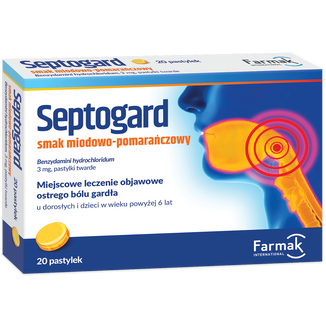 Septogard 3 mg, smak miodowo-pomarańczowy, 20 pastylek twardych Septogard 3 mg, smak miodowo-pomarańczowy, 20 pastylek twardych - zdjęcie produktu