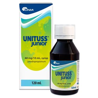 Unituss Junior 60 mg/ 10 ml, syrop, 120 ml USZKODZONE OPAKOWANIE Unituss Junior 60 mg/ 10 ml, syrop, 120 ml USZKODZONE OPAKOWANIE - zdjęcie produktu