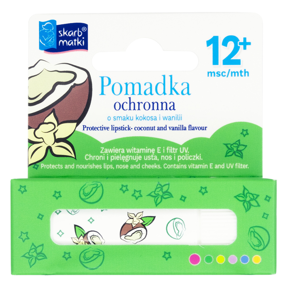 Skarb Matki Skarb Matki, pomadka ochronna dla dzieci, smak kokosa i wanilii, od 12 miesiąca, 6,5 g