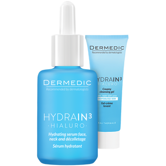 Zestaw Dermedic Hydrain 3 Hialuro, serum nawadniające twarz, szyję i dekolt, skóra sucha, 30 ml + kremowy żel do mycia twarzy, skóra odwodniona i sucha, 25 ml - zdjęcie produktu