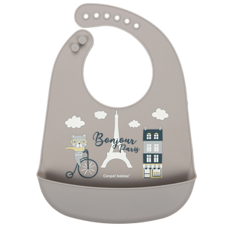 Canpol Babies, śliniak silikonowy z kieszonką, Bonjour Paris, beżowy, od 4 miesiąca, 1 sztuka - zdjęcie produktu
