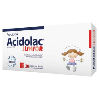 Acidolac Junior, dla dzieci od 3 lat, smak truskawkowy, 20 misio-tabletek USZKODZONE OPAKOWANIE - zdjęcie produktu