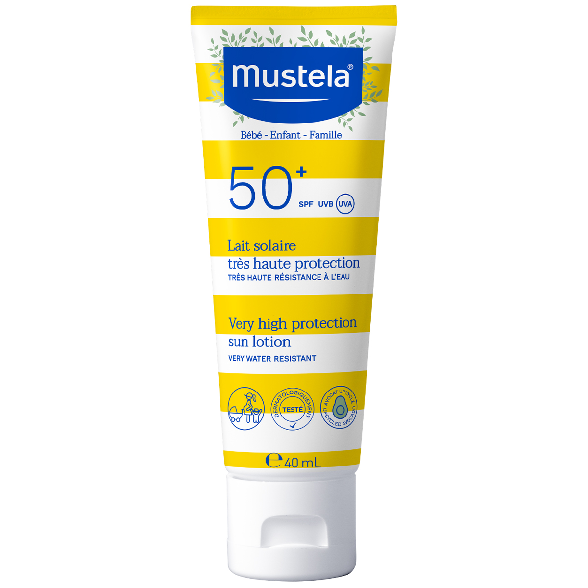 Mustela Mustela Sun Bebe Enfant-Famille, Milch mit Sonnenschutz für Gesicht und Körper, SPF 50+, 40 ml — Inhaltsstoffe und Bewertung
