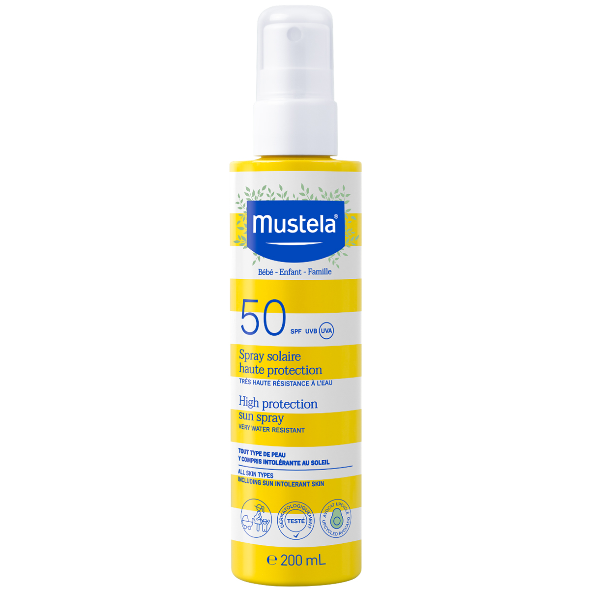 Mustela Mustela Sun Bebe Enfant-Famille, spray mit Sonnenschutz für Gesicht und Körper, SPF 50, 200 ml — Inhaltsstoffe und Bewertung