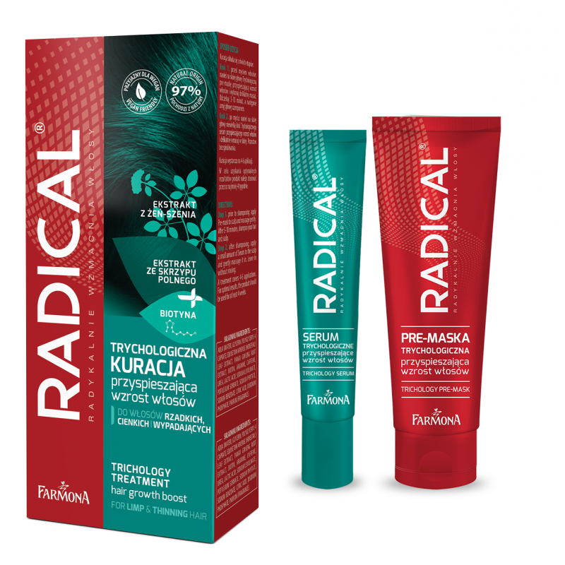 Radical Radical, trychologiczna kuracja przyspieszająca wzrost włosów, włosy cienkie, rzadkie i wypadające, 50 ml + 20 ml — Składniki i ocena
