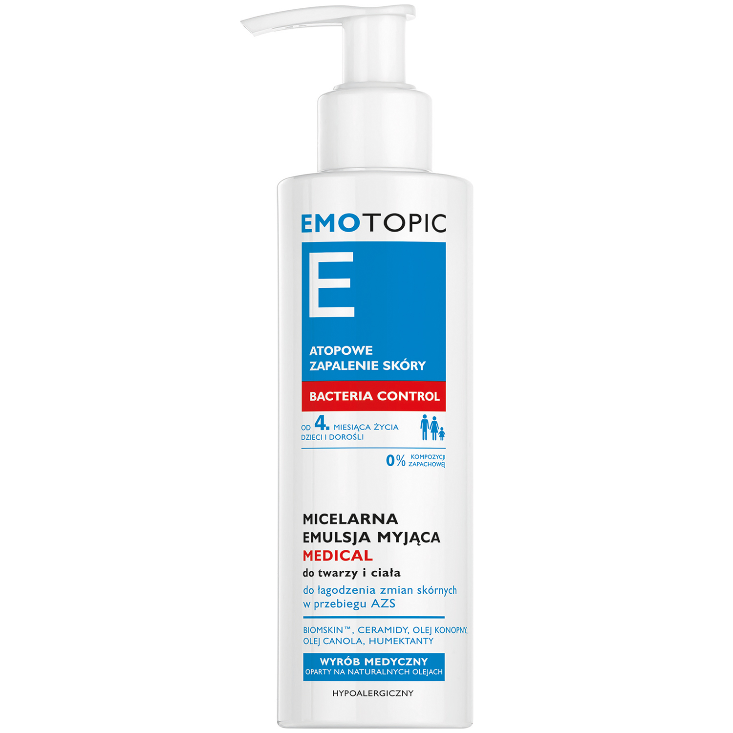 Pharmaceris Emotopic Bacteria Control, micelarna emulsja myjąca medical do twarzy i ciała od 4 miesiąca życia, 190 ml