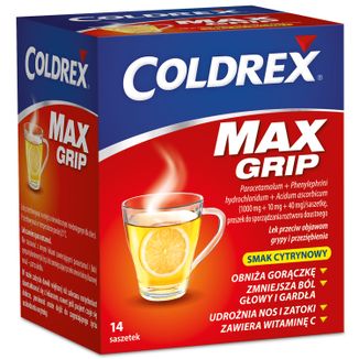 Coldrex MaxGrip 1000 mg + 10 mg + 40 mg, smak cytrynowy, 14 saszetek - zdjęcie produktu