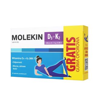 Molekin D3 + K2, witamina D 2000 j.m. + witamina K 75 µg, 30 tabletek powlekanych + guma oporowa gratis - zdjęcie produktu