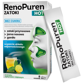RenoPuren Zatoki Hot Bez cukru, smak cytrynowo-miętowy, 8 saszetek USZKODZONE OPAKOWANIE - zdjęcie produktu