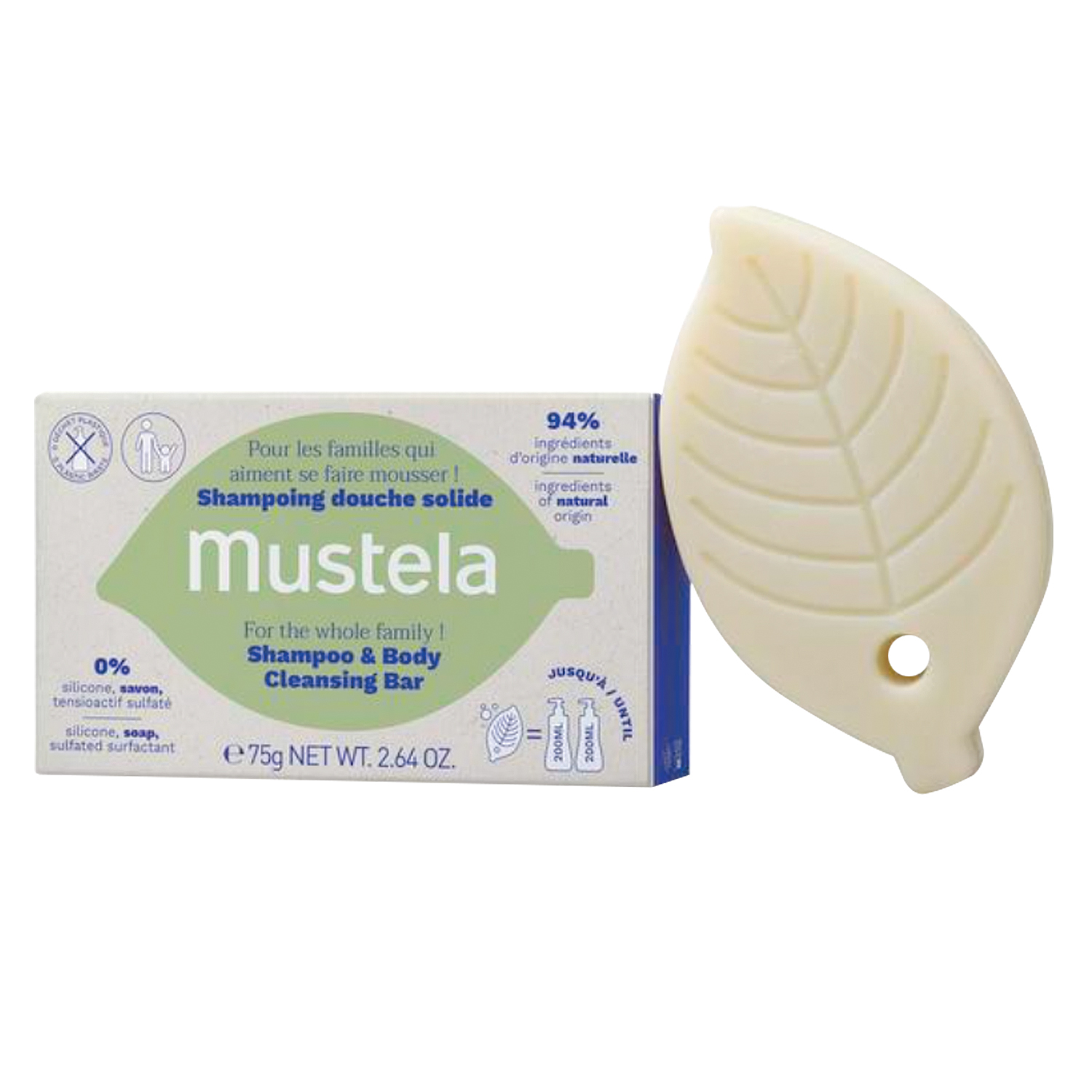 Mustela Mustela, szampon w kostce 2w1 do włosów i ciała, olej z awokado i oliwa z oliwek, 75 g