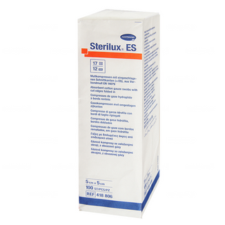 Sterilux ES, kompresy niejałowe z gazy, 17-nitkowe, 12-warstwowe, 5 cm x 5 cm, 100 sztuk - zdjęcie produktu