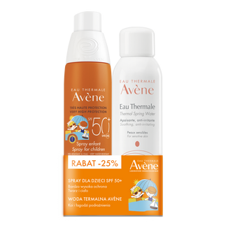 Zestaw Avene, wodoodporny spray ochronny do twarzy i ciała dla dzieci, skóra wrażliwa, SPF 50+, 200 ml + woda termalna, 150 ml - zdjęcie produktu