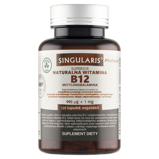 Singularis Superior Naturalna Witamina B12 Metylokobalamin 990 µg + 1 mg BioPerine, 120 kapsułek Singularis Superior Naturalna Witamina B12 Metylokobalamin 990 µg + 1 mg BioPerine, 120 kapsułek - zdjęcie produktu