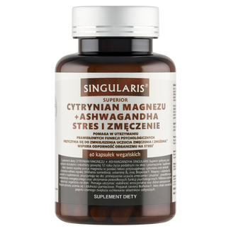 Singularis Superior Cytrynian Magnezu 100 mg + Ashwagandha 80 mg + B6 + BioPerine, 60 kapsułek Singularis Superior Cytrynian Magnezu 100 mg + Ashwagandha 80 mg + B6 + BioPerine, 60 kapsułek - zdjęcie produktu