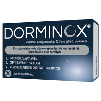 Dorminox 12,5 mg, 20 tabletek powlekanych USZKODZONE OPAKOWANIE Dorminox 12,5 mg, 20 tabletek powlekanych USZKODZONE OPAKOWANIE - zdjęcie produktu