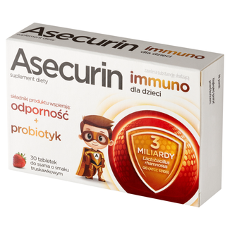 Asecurin Immuno, dla dzieci po 3 roku, smak truskawkowy, 30 tabletek do ssania - zdjęcie produktu