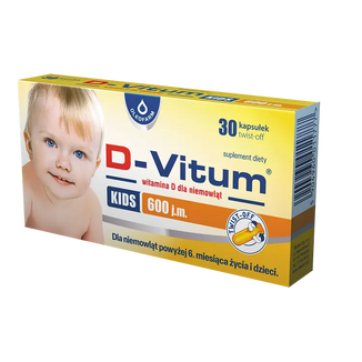 D-Vitum Kids 600 j.m., witamina D dla niemowląt powyżej 6 miesiąca i dzieci, 30 kapsułek twist-off KRÓTKA DATA - zdjęcie produktu