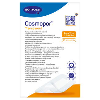 Cosmopor Transparent, przezroczysty opatrunek foliowy z warstwą chłonną, sterylny, 9 x 15 cm, 25 sztuk - zdjęcie produktu