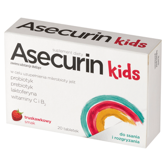 Asecurin Kids, smak truskawkowy, 20 tabletek do ssania i rozgryzania - zdjęcie produktu
