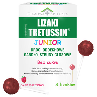 Tretussin Junior, lizaki, bez cukru, smak malinowy, od 3 lat, 8 sztuk - zdjęcie produktu