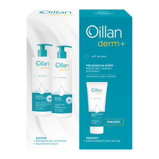 Zestaw Oillan Derm+, kremowy żel do mycia, 400 ml + balsam do ciała, 400 ml + krem-koncentrat do rąk, 75 ml w prezencie USZKODZONE OPAKOWANIE - zdjęcie produktu