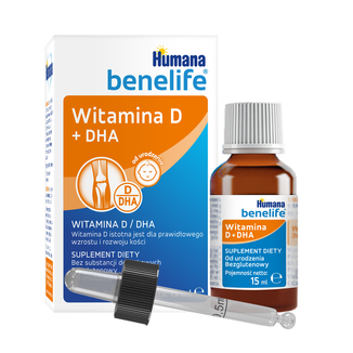 Humana Benelife Witamina D + DHA, od urodzenia, 15 ml USZKODZONE OPAKOWANIE Humana Benelife Witamina D + DHA, od urodzenia, 15 ml USZKODZONE OPAKOWANIE - zdjęcie produktu