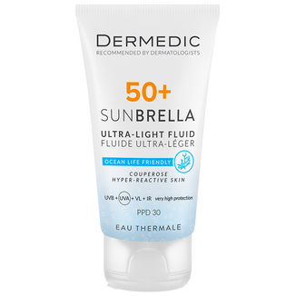 Dermedic Sunbrella, ultralekki krem ochronny do twarzy, skóra nadreaktywna i naczynkowa, SPF 50+, 40 ml Dermedic Sunbrella, ultralekki krem ochronny do twarzy, skóra nadreaktywna i naczynkowa, SPF 50+, 40 ml - zdjęcie produktu