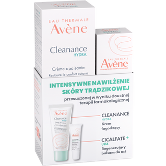 Zestaw Avene Cleanance Hydra krem łagodzący, 40 ml + Cicalfate+, regenerujący balsam do ust, 10 ml - zdjęcie produktu