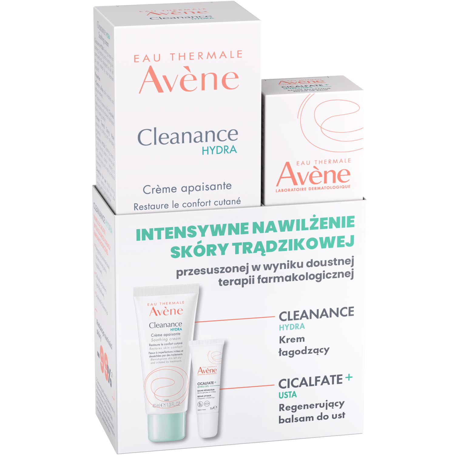 Avene Set Avene Cleanance Hydra Creme beruhigend, 40 ml + Cicalfate+, regenerierend Lotion für die Lippen, 10 ml — Inhaltsstoffe und Bewertung
