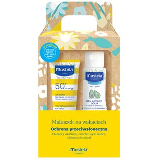 Zestaw Mustela Sun Maluszek na wakacjach, mleczko przeciwsłoneczne, SPF 50+, 40 ml + żel do mycia, 100 ml - zdjęcie produktu