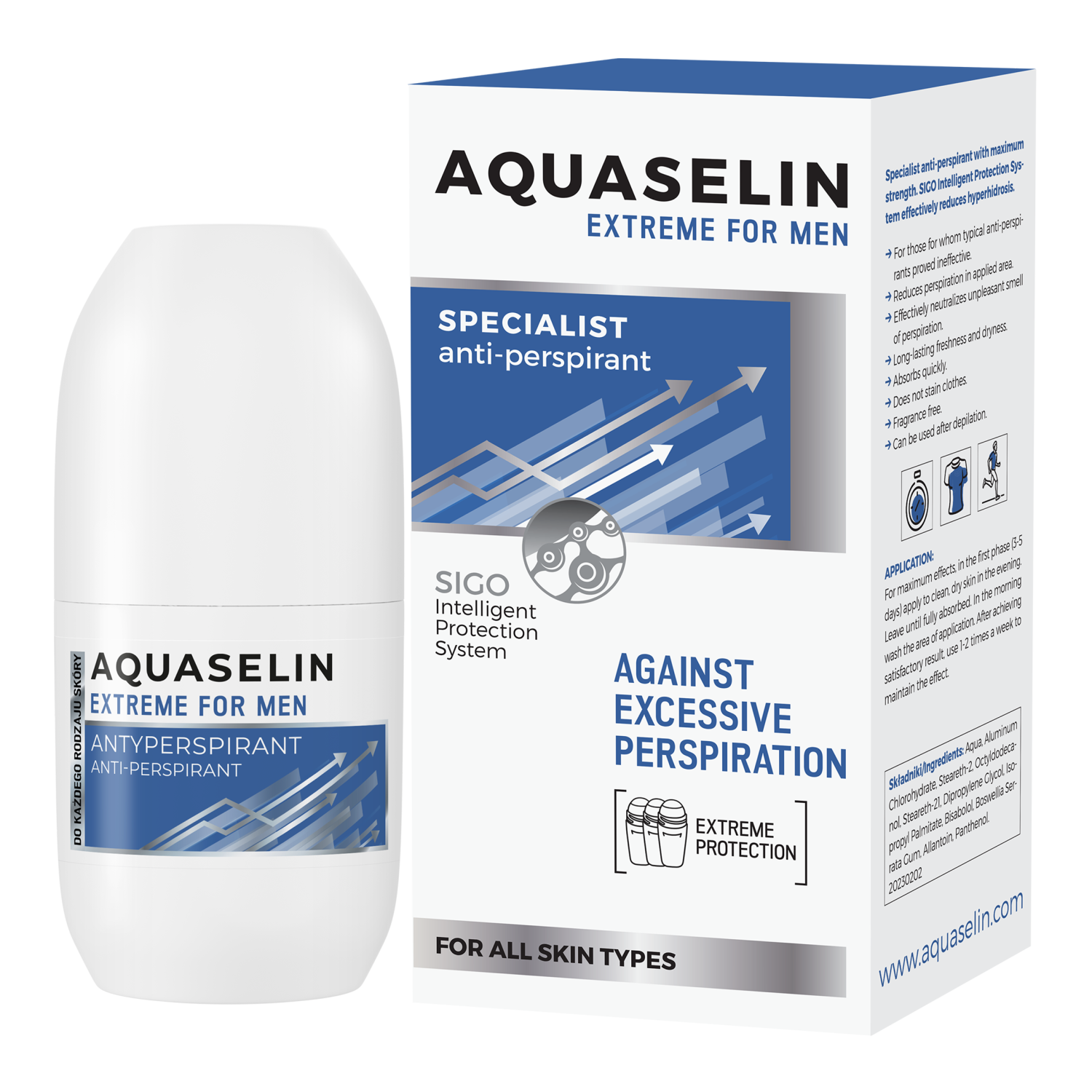 Aquaselin Aquaselin Extreme for Men, specjalistyczny antyperspirant przeciw nadmiernej potliwości, roll-on, 50 ml — Składniki i ocena