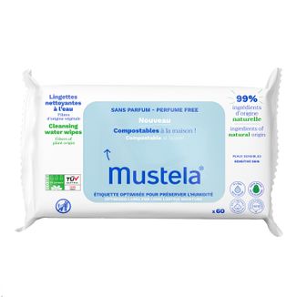 Mustela, chusteczki oczyszczające, kompostowalne, bezzapachowe, od urodzenia, 60 sztuk - zdjęcie produktu