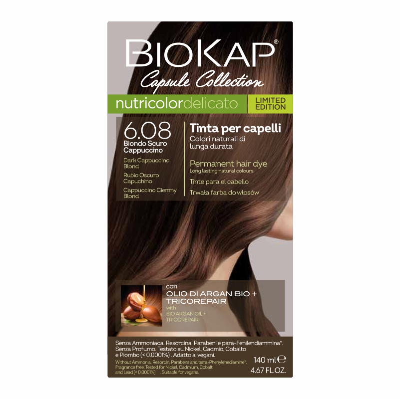 Biokap Biokap Nutricolor Delicato, farba koloryzująca do włosów, 6.08 cappuccino ciemny blond, 140 ml