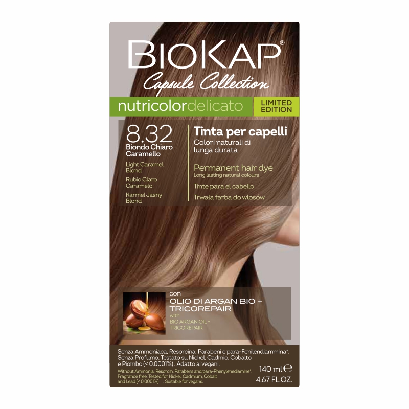 Biokap Biokap Nutricolor Delicato, farba koloryzująca do włosów, 8.32 karmel jasny blond, 140 ml