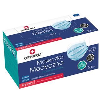 Opharm, maska medyczna, jednorazowa, 3-warstwowa, typ IIR, niebieska, 50 sztuk USZKODZONE OPAKOWANIE - zdjęcie produktu