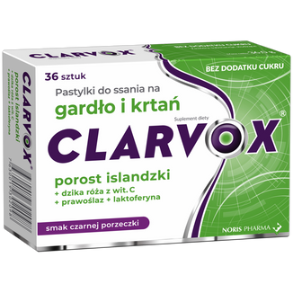 Clarvox Porost Islandzki + Dzika Róża, smak czarnej porzeczki, 36 pastylek do ssania Clarvox Porost Islandzki + Dzika Róża, smak czarnej porzeczki, 36 pastylek do ssania - zdjęcie produktu