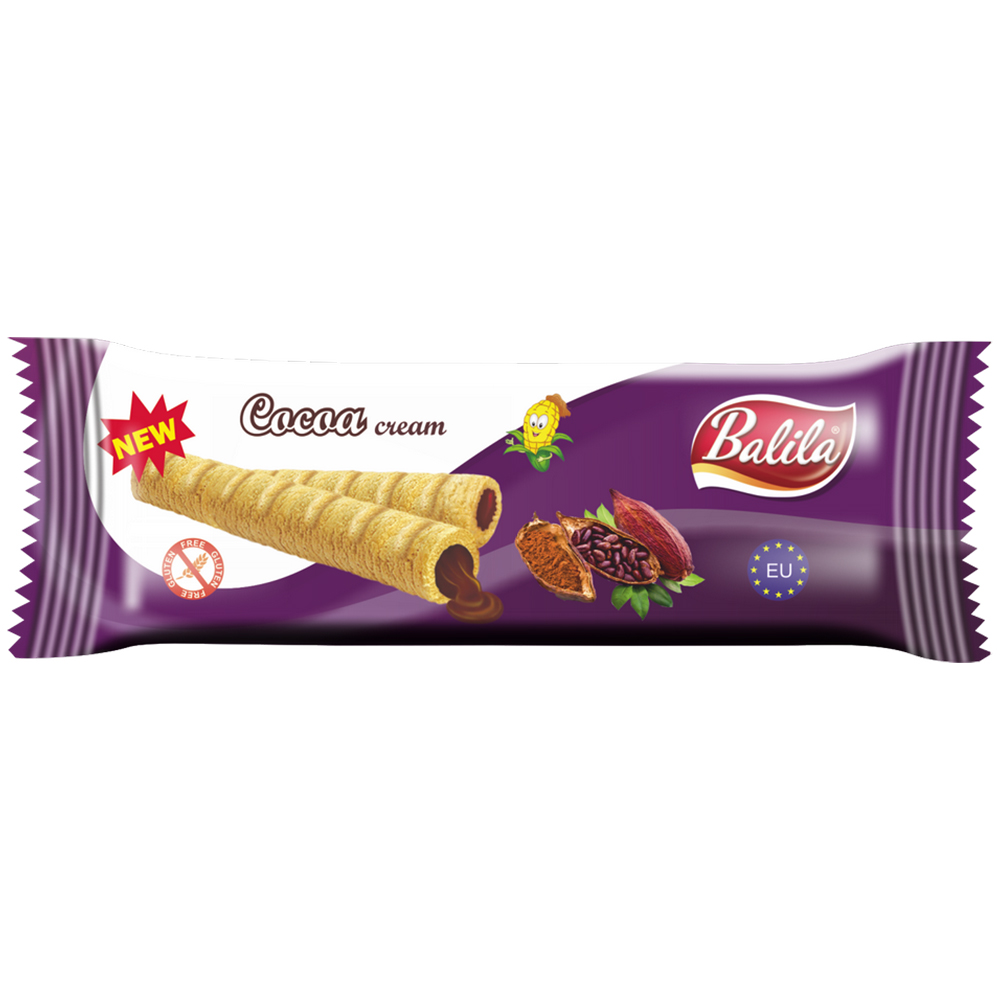 Nieznana Balila Rurki kukurydziane nadziewane kremem o smaku kakaowym, bezglutenowe, 18 g