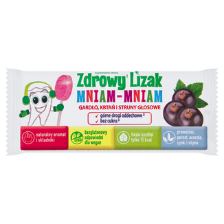 Zdrowy lizak Mniam-Mniam Na gardło, krtań i struny głosowe, smak czarna porzeczka, od 3 lat, 1 sztuka Zdrowy lizak Mniam-Mniam Na gardło, krtań i struny głosowe, smak czarna porzeczka, od 3 lat, 1 sztuka - zdjęcie produktu