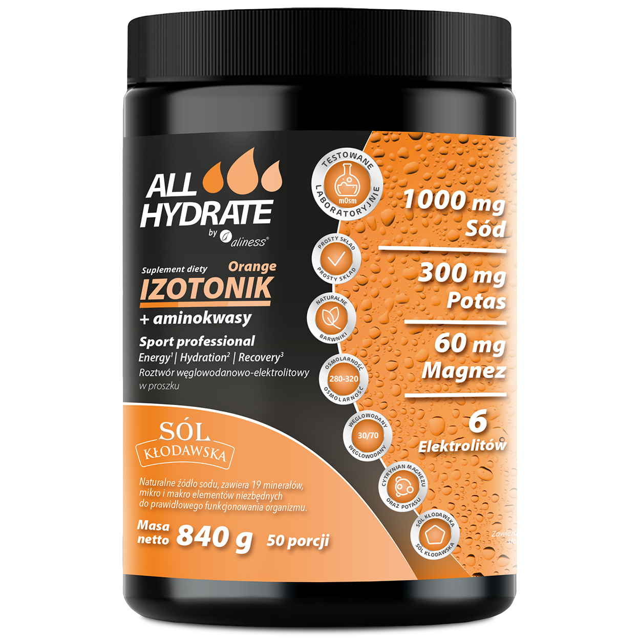 Aliness ALLHydrate Izotonik + Aminokwasy, smak pomarańczowy, 840 g