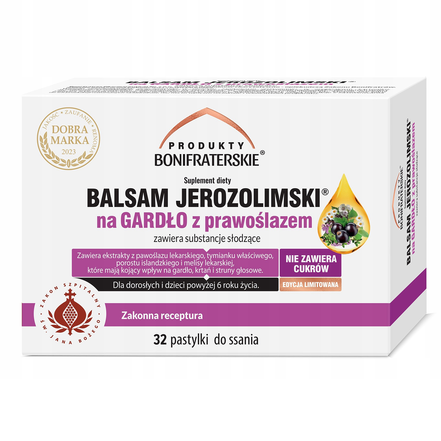 Nieznana Produkty Bonifraterskie Balsam Jerozolimski na Gardło z prawoślazem, 32 pastylki do ssania