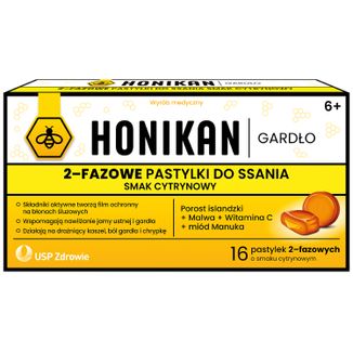 Honikan Gardło, 2-fazowe pastylki do ssania dla dzieci od 6 lat i dorosłych, smak cytrynowy, 16 sztuk - zdjęcie produktu