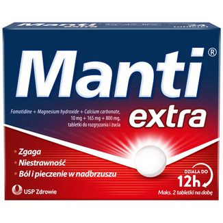 Manti Extra 10 mg + 165 mg + 800 mg, 24 tabletki do rozgryzania i żucia USZKODZONE OPAKOWANIE - zdjęcie produktu