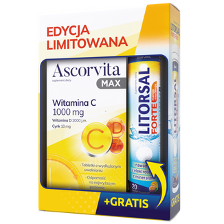 Zestaw Ascorvita Max, 30 tabletek + Litorsal Forte, smak mango-marakuja, 20 tabletek KRÓTKA DATA - zdjęcie produktu