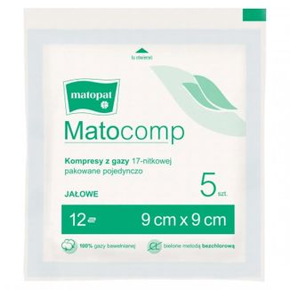 Matopat Matocomp, kompresy jałowe z gazy, 17-nitkowe, 12-warstwowe, 9 cm x 9 cm, 5 sztuk - zdjęcie produktu
