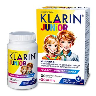 Klarin Junior, dla dzieci od 6 lat, 30 tabletek + 30 tabletek gratis USZKODZONE OPAKOWANIE - zdjęcie produktu
