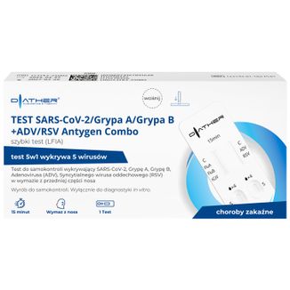 Diather Test Sars-CoV-2/Grypa A/ Grypa B+ADV/RSV Antygen Combo 5w1, szybki test (LFIA) na obecność 5 wirusów, 1 sztuka - zdjęcie produktu
