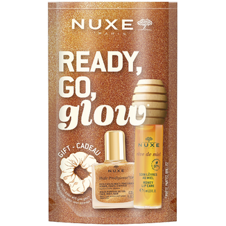Zestaw Nuxe Ready Go Glow, miodowy olejek do ust, 10 ml + suchy olejek, 10 ml + gumka do włosów - zdjęcie produktu